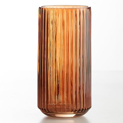 Ekirlin Blumenvase 19cm Bernsteinfarbene,dickwandige,mundgeblasene Glas vase Runde Vintage-Flaschen mit Streifenmuster für Bücherregal,Esstisch,Büro-Schreibtisch,Besprechungsraum,Badezimmer