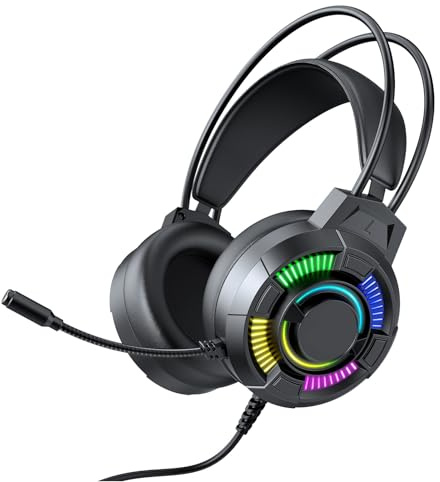 Jiawu Casque de Jeu Léger avec Microphone, Casque Filaire avec Lumière LED RVB, Son Surround Stéréo 7.1, de Jeu USB