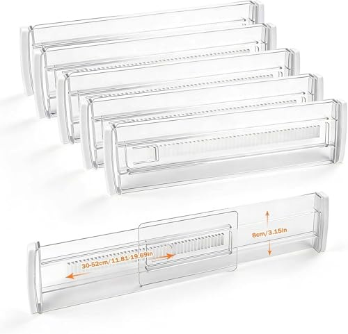HGRGHH 6Pcs Separador Cajones Transparentes, Separadores de Cajones Ajustables de Plástico, Ajustables Divisores, Separadores Cajón Organizador para Dormitorio, Cocina, Tocador Armario (30-52cm)