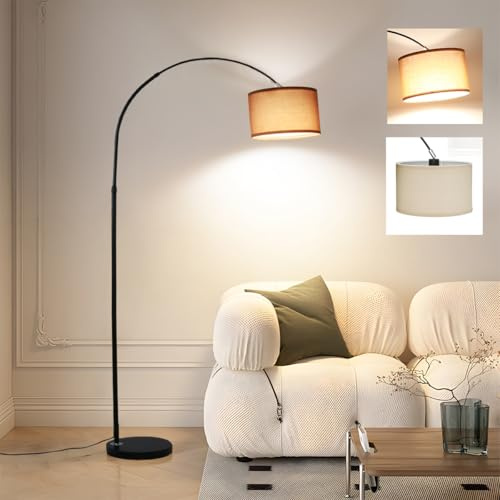 ANTENLICHT LUNA Bogenlampe Wohnzimmer Stehlampe Vintage, Inklusive LED E27 | Standleuchte mit Beige Stoffschirm I Fußschalter I Bogenleuchte Geeignet Schwarz für Schlafzimmer, Hotel