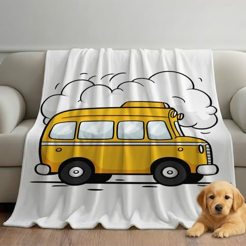 Generico Lätt och mysig pläd filt tecknad fleece moln skolbuss supervarm vinter pläd flanell retro lämplig för dubbel säng och soffa (vit, 200 cm x 230 cm)