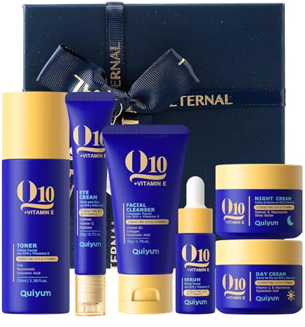 QUIYUM Kit Cuidado Facial Antiarrugas Q10 & Vitamina E, Rutina Facial Anti-edad 6 Piezas para Hidratante & Reafirmante, Crema de Ojos, Sérum, Regalos para Mujeres