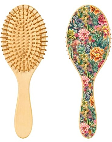 Sevdomey Watercolor Cacti and Succulents Wooden Hair Brush with Wood Bristles – Oval Detangling Brush for Women, Massage Scalp & Reduce Static