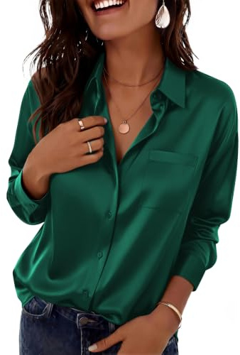 Zeagoo Chemise Femme Satin col en V Chemisier Élégant à Manches Longues | Chemises Boutons Basique | Haut de Soirée Business | Top Couleur Unie | Top Basique | S-2XL