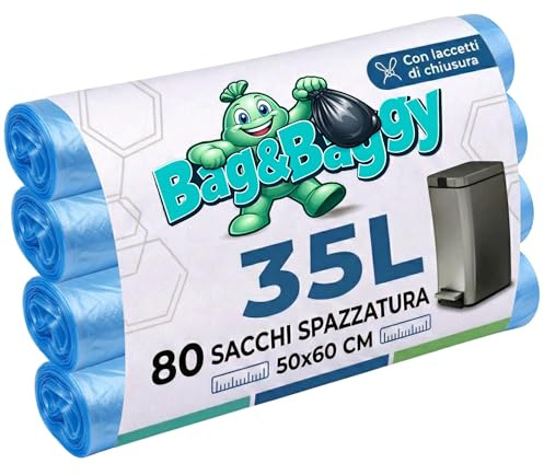 Bag&Baggy 80 Blue Bin Bags 35 Litres with Ties 50 x 60 cm, Durable HDPE, Anti-Hole Bin Bags for Separated Collection, 4 Rolls of 20 Pieces