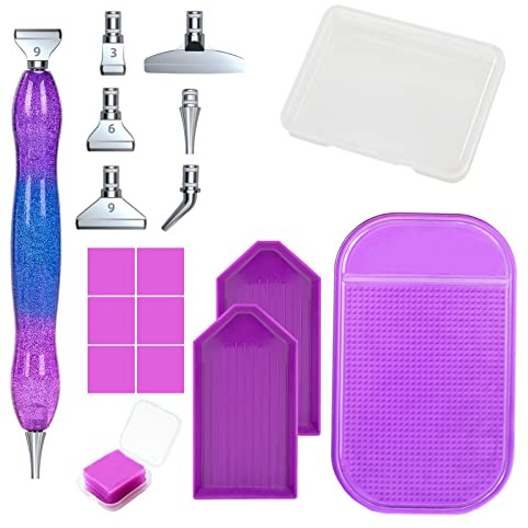 Diamond Painting Pen Kit, 5D Diamant Malerei Stift mit 6 Ersatz Metallspitzen, 6 Kleber Lehm, 2 Tabletts, Anti-Rutsch Pad und Aufbewahrungsbox für DIY Handwerk & Nagelkunst