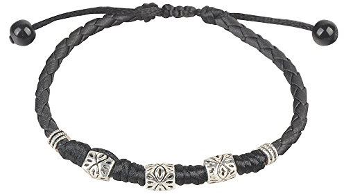 Schwarzes geflochtenes Lederfußkettchen mit 3 silbernen gravierten Perlen – Verstellbares Unisex-Armband (23 cm)