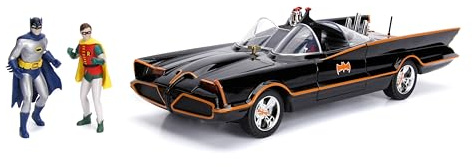 Jada DC Comics 1:18 1966 Classic TV Series Batmobile Light-Up Die-cast Car with 3 Batman and Robin Figures, Toys for Kids and Adults