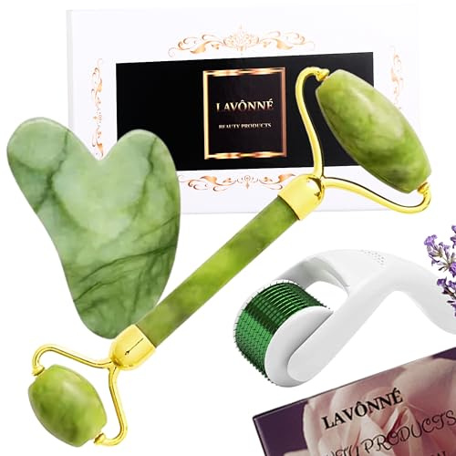 LAVÔNNÉ 100% Authentic Jade Roller and Gua Sha Set for face I Derma Roller I Facial Tools I Real Guasha I Premium Quality I Mother's Day Gift for wife