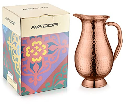 AVADOR Handgefertigter Krug aus 100 % reinem Kupfer, gehämmerte Oberfläche, Ayurveda-Gesundheitsvorteil (Design 1)