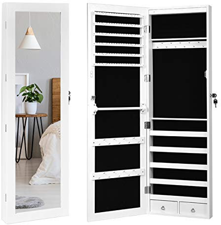 GIANTEX Schmuckschrank mit LED, abschließbarer Schmuckregal Schmuckkommode mit Spiegel, Spiegelschrank Wandschrank für Ketten, Ohrringe, Wandmontage, weiß