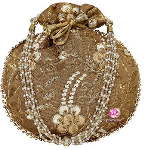 Handbag Embroidered Floral Indian Ethnic Potli bag for Women Ladies Batwa Wedding Jewelry Gifts Pearls Clutch Drawstring Purse (H*L:9 * 9.5 In) (Dark Gold)