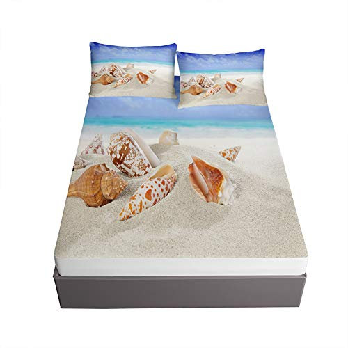 Oduo Spannbettlaken Set,3D Meer Landschaft Drucken Spannbetttücher Set mit 1 Spannbetttuch + 2 Kissenbezug für Einzelbett Doppelbett - Spannbetttuch Steghöhe bis 30cm (Conch,120x200x30cm)
