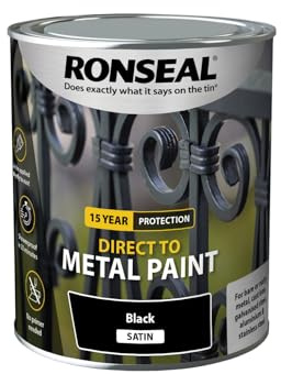 Ronseal Direct to Metal Paint Black Satin 750ml | Water-based coating for ferrous surfaces with primer-free application, 30-minute shower resistance and 8m²/L coverage.