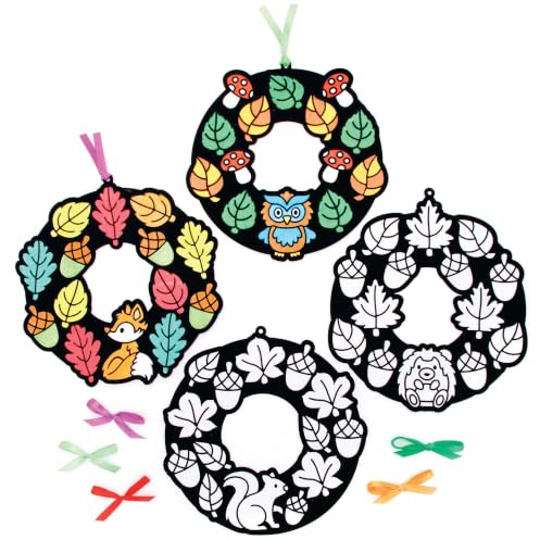 Baker Ross FE635 Herbst Kränze zum Ausmalen - 10er Pack, Ausmalbilder mit Samt für Kinder zum Basteln, Weihnachtsaktivitäten für Kinder, Mittel