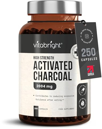 VitaBright Activated Charcoal Tablets for Stomach Wind | 2004mg | 250 Capsules | Activated Charcoal Powder in Easy-Open Veggie Capsules | Debloating Tablets - Reduce Flatulence