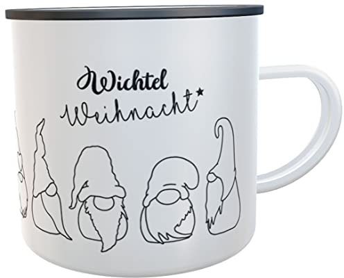 Personalisierte Emaille Tasse Wichtel Weihnachten 300 ml | Retro Blechtasse mit Namen | Geschenkidee für Advent, Glühwein, Büro & Zuhause (Wichtel)