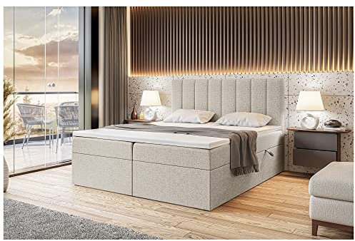 MEBLINI Boxspringbett mit Bettkasten - 140x200 - Gepolstert Doppelbett mit Matratze und Topper - Polsterbett mit Stauraum - Bett mit Kopfteil - Stauraumbett - Erling - H3/Beige Webstoff
