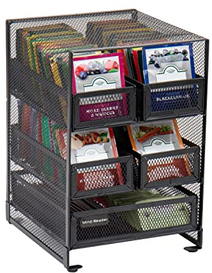 Mind Reader Network Collection, 5-Compartment Tea Organizer, 120 Tea Bag Capacity, Countertop Organizer, Metal Mesh, Black