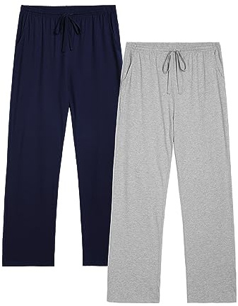 Winovia Confezione da 2 pantaloni da pigiama da uomo, lunghi, leggeri, in cotone, per il tempo libero, con elastico in vita e taglio dritto, XXL