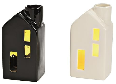 Kerzenständer & LED Lichthaus 2er-Set aus Porzellan Kerzenhalter & LED-Dekohaus in Schwarz & Weiß mit Schornstein für Stabkerzen Beleuchtung inkl. Batteriefach Weihnachtsdeko & Ganzjahresdeko