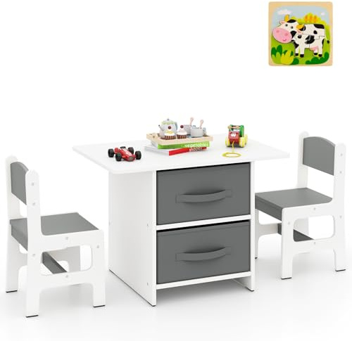 GYMAX Kids Table and Chairs Set, Children Activity Desk with 2 Chairs, 2 Removable Drawers & Jigsaw Puzzle, Wooden Toddler Table Chair Set for Boys Girls (Grey+White)