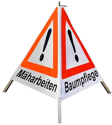 Warnpyramide/Faltsignal - Mäharbeiten/Baumpflege/Grünpflege - VZ101-Ausrufezeichen (1 - tagesleuchtend weiß, 70 cm leicht mit Mittelfuß)