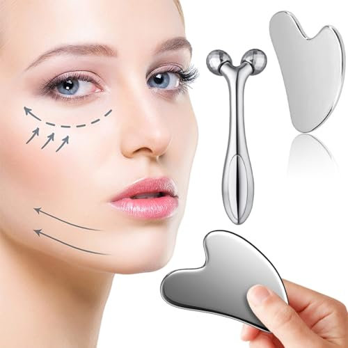 ZKSXOA Face Massager, Metal Face Roller Gua Sha Massage Tool for Face Neck Eye Body Skin Care, Facial Roller for Women