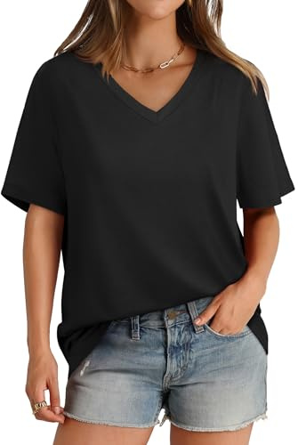 V Neck T Shirts for Women Short Sleeve Tunic Tops for Legging Casual Tshirts Womens Tops Black L