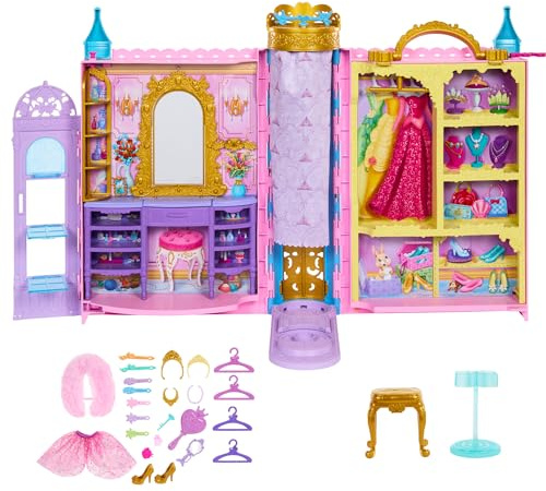 Mattel Princesses Disney Prêtes pour le bal Coffret dressing avec 2 tenues, 25 accessoires, coiffeuse, cabine d’essayage, podium et rangement, se déploie jusqu’à 60 cm, inspiré du film HXC20