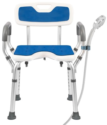 Shower Chair with Arms and Back, Adjustable Shower Seats for Adults, Heavy Duty Shower Seat for Elderly, Supports 150kg, Bathroom Chair with Cutout Seat & Cold-Proof Pads, Tools-Free Assembly