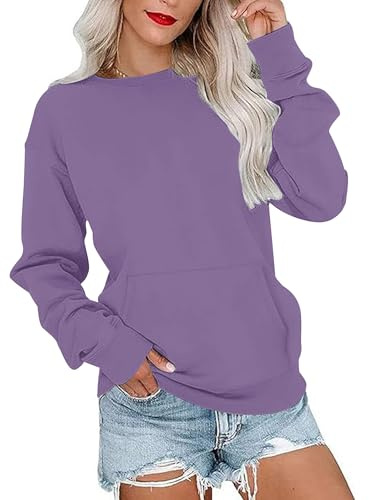 PLOKNRD Mujer Sudadera sin Capucha Casual Camiseta Manga Larga Básica Jersey Mujer de Cuello Redondo con Bolsillos(Violeta,L)