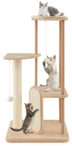 GYMAX Arbre à Chat 112CM à 4 Niveaux en Bois Massif, avec Planche à Gratter, Poteau en Sisal, Perchoir Rembourré, Plateformes, Jouets Suspendus