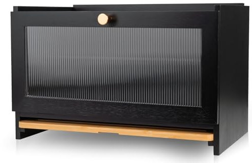 AH® Bambus Brotkasten holz mit Schneidebrett, Holz Brotkästen mit Belüftung- Elegant brotbox küche zur Brotaufbewahrung, bread box | 40x 26 x 23 cm, brotbehälter aus Holz(Shwarz)