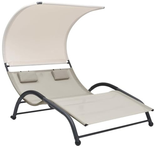 Xichuzi Doppel-Sonnenliege mit Sonnendach Textilene Creme, Gartenliege, Liegestuhl, Sonnenstuhl, Sonneninsel Outdoor, Liegen, Gartenmöbel, Bäderliege, Relaxliege - 310544