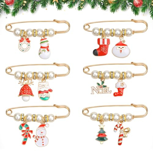 Kiiwah 6 stycken julbroschset, metall julklistermärken med pärlor, strass, nål, julbrosch för kläder, smycken, vuxna barn (guld), 5,7 cm, Metall