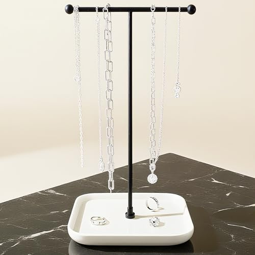 HQSHNY Schmuckständer - Keramikbasis 31 cm Höhe, Schmuckorganizer, Ästhetischer Schmuckaufhänger für Halsketten, Armbänder, Ringe, Aussteller für Halsketten - Minimalistisches Weiß