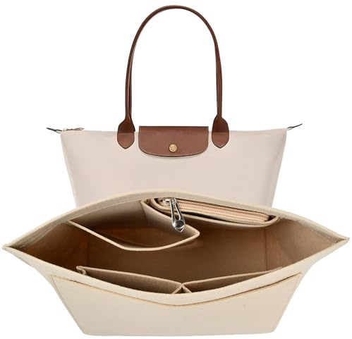 Shengxi Filtväska organiserare för Longchamp hopfällbar tygväska organiseringsinsats flera fickor filt handväska organiserare med dragkedja (beige, L)