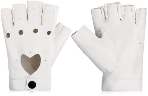 Sintege Punk Half Handschuhe Frauen Punk Half Finger PU Leder Performance Handschuhe Aushöhlen Fingerlose(Weiß)