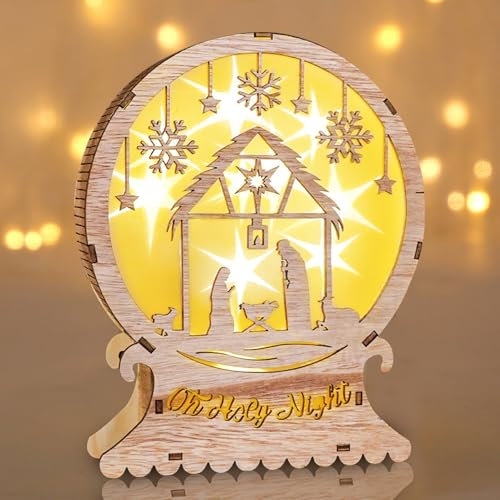 Weihnachtsdeko Holz Weihnachtskrippe, Led Weihnachtsdeko Aus Hochwertigem Holz Und Acryl, Weihnachtsfiguren Weinachtsdekorationen Mit 3D-Schnitzkunst Batteriebetriebener Beleuchtung Warmweiß (A)