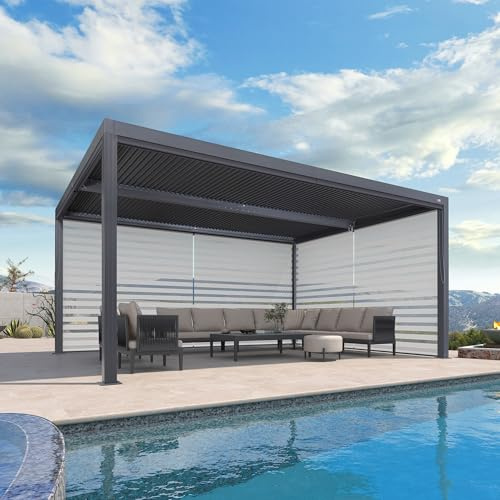 PURPLE LEAF Pergola Bioclimatique 4,8 x 3,68 m Pergola Aluminium avec Stores Enrouleurs des Deux Côtés Tonnelle de Jardin Lames Orientables Pergolas Jardin Extérieur, 1 Côté Long et 1 Côté Court, Gris