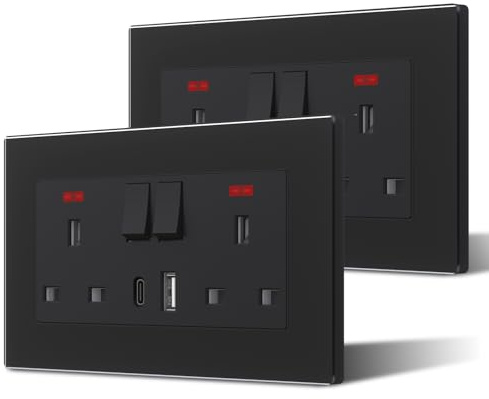 BSEED Double Plug Socket with USB C and USB A,Glass Switched Socket,UK Standard Electric Power Sockets,13A Wall Socket,Save Space,2 Gang-2 Pack,146mm Black