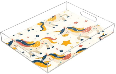 Unicorn Stars Acrylic Serving Trays, Clear Rectangular Tray with Handles Serving Platter for Coffee Table Kitchen Bathroom