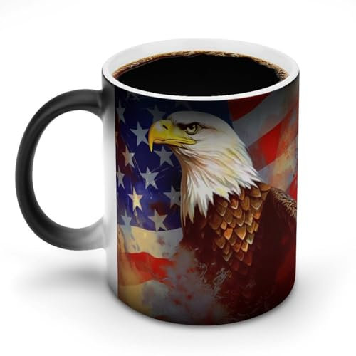 RKJVB Keramik-Kaffeetasse mit Adler-Kunstdruck, Motiv: Verfärbung, Motiv: Amerikanische USA-Flagge, Adler, Kunstdruck, wärmewechselnde Kaffeetassen mit Griff, lustige Tassen, Geschenk für Damen und