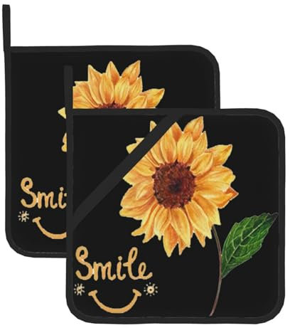Set di 2 presine con stampa di girasole con faccina sorridente, da cucina, per donne e uomini, per cucinare al forno a microonde