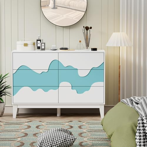UEV Byrå med 6 lådor smal 100 x 35 x 72 cm, modern design med vågmönster/tryckdörröppning, förvaringskommode skänk, trä, gott om lagringsutrymme för sovrum, vardagsrum, hall, vit + blå