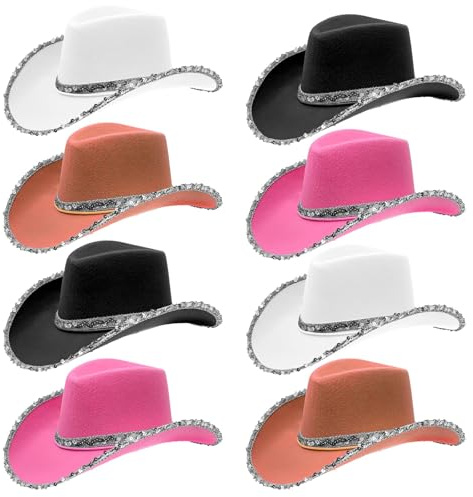 TESIN Set di 8 cappelli da cowboy con paillette per donne, cappelli da cowgirl scintillanti per adulti per carnevale, cappelli da cowboy per feste in costume, carnevale, addio al nubilato, feste di
