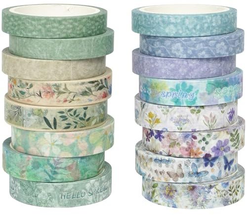 YUBX 16 rullar fjäder washi tejp set tunn maskeringstejp dekorativ Flo tejp färgglad för gör-det-själv hantverk bullet journals planerare scrapbooking förpackning