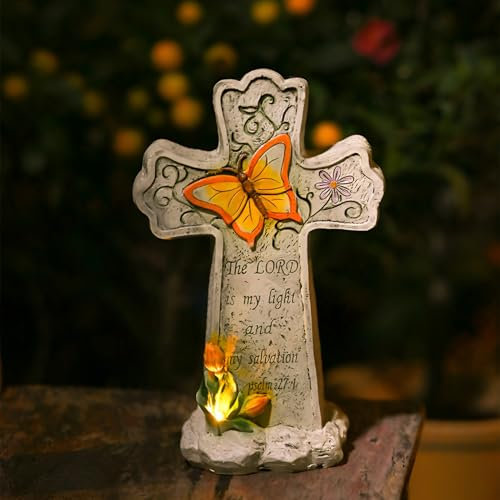Tuzsocr Kreuz Engel Grabstein,Frieden Grabdekoration mit Solarleuchten,Wetterfest Kreuz-Gedenkstein,Automatische Beleuchtung,Kunststein Grabkreuz Geeignet für Garten,Rasen,Friedhofsdekoration (Stil 2)