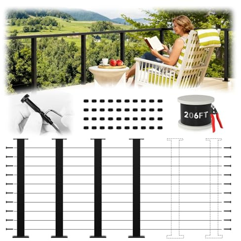 Zylorix 36 Economical 12ft-20ft Deck Cable Railing System Post Kit with 4 Level Posts, Patent Swageless Cable Railing Kit, T304 Stainless Steel Deck System, Outdoors Black Powder Coating